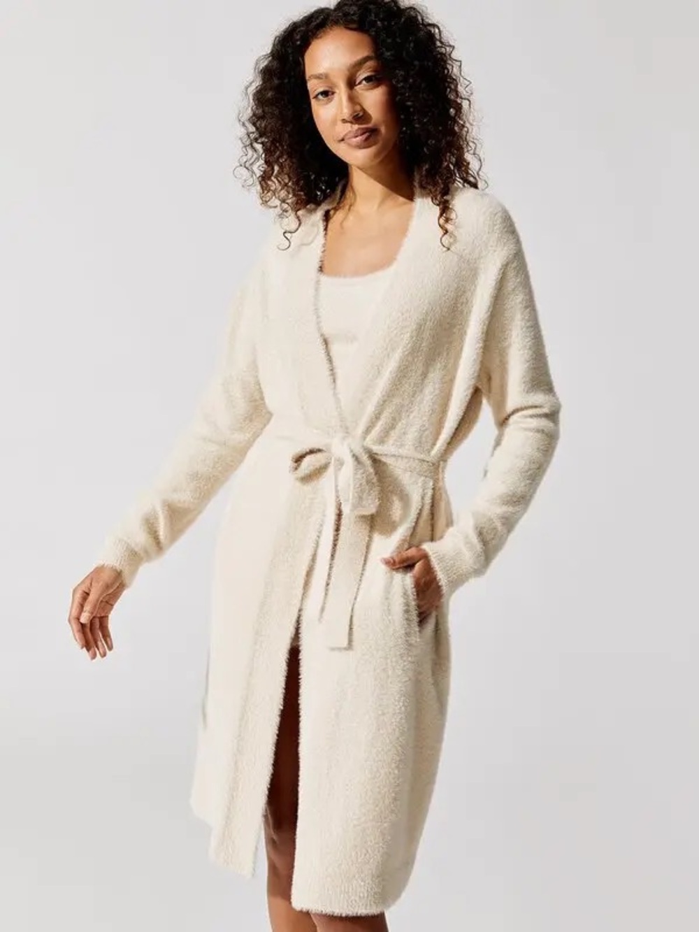 NWOT Carbon38 Eyelash Cream Belted Cardigan Cozy Plush Long Sweater Medium